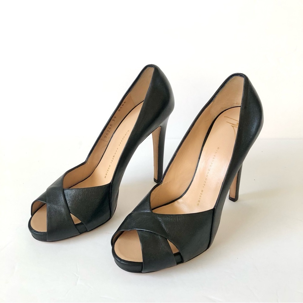 Giuseppe Zanotti Black Leather Peep Toe  Platforms Heel Pumps Size 39